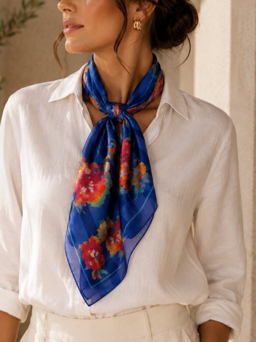 Made in Italy Blue Floral Stripe Square Scarf 30" Silken Polyester